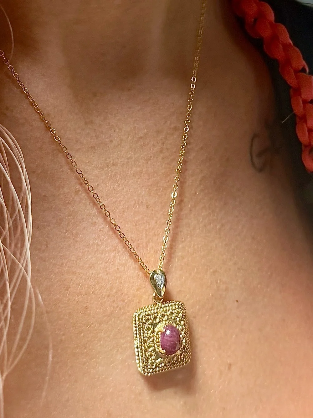 Ruby & Diamond Necklace 18K Gold Plated 1.00 CTW Ruby 17”